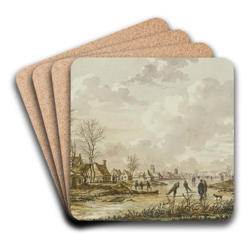 Winterlandschaft, auf einem gefrorenem Fluss bei einem Stdtchen Schhlittschuhlufer by Andries Vermeulen Art Drink Coaster set