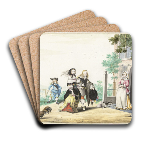 Stel begroet een dame bij de deur van een landhuis by Gesina ter Borch Art Drink Coaster set