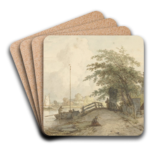 Landschap met bruggetje en huis aan weg langs een water by Jan Hulswit Art Drink Coaster set