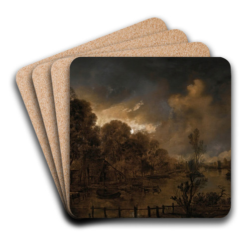 A canal by moonlight by Aert van der Neer Art Drink Coaster set A canal by moonlight by Aert van der Neer Art Drink Coaster set