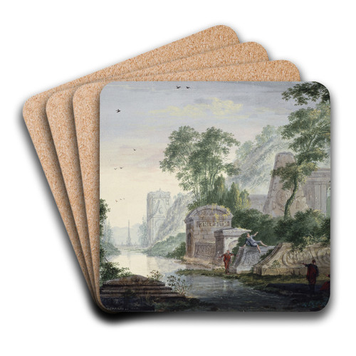 Ancient Grave Ruins in a River Landscape by Abraham Rademaker Art Drink Coaster set Ancient Grave Ruins in a River Landscape by Abraham Rademaker Art Drink Coaster set