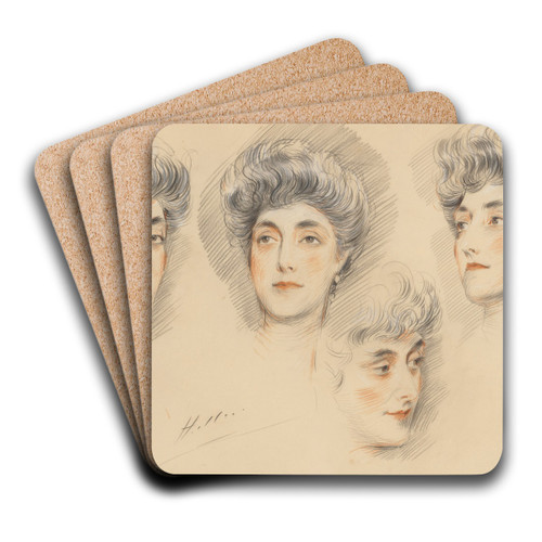 Four head studies of a lady, traditionally identified as Mrs Gertrude Vanderbilt Whitney by Paul Csar Helleu Art Drink Coaster set