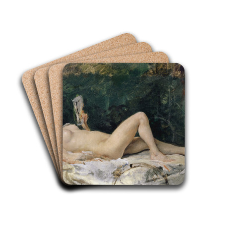 Young Woman Lying on a Bed and Reading by Frank Buchser Drink Coasters - set of 4