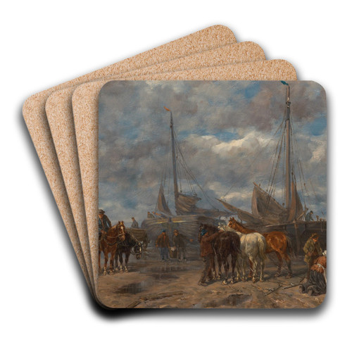 The Homecoming of the Fishermen, Market on the Beach by Dsire Thomassin Art Drink Coaster set