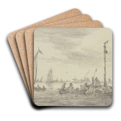 Ein hoher Signalmast halbrechts auf einer Landungsstelle, an der Ruderboote liegen by Jan van Goyen Art Drink Coaster set