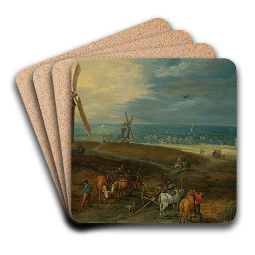 An Extensive Landscape With Travellers Before A Windmill by Jan Brueghel the Younger Art Drink Coaster set