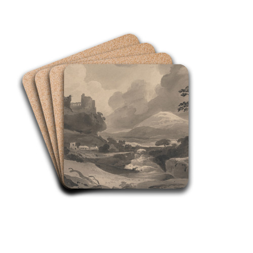 Mountain Landscape with Castle Ruins on a Cliff by John Varley Drink Coasters - set of 4 Mountain Landscape with Castle Ruins on a Cliff by John Varley Drink Coasters - set of 4