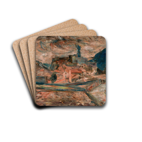 View of a small town in the mountains (Le Puy) by Tadeusz Makowski Drink Coasters - set of 4 View of a small town in the mountains (Le Puy) by Tadeusz Makowski Drink Coasters - set of 4