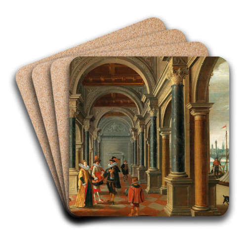 A classical arcade with elegant figures, a city view to the right by Bartholomeus van Bassen Art Drink Coaster set A classical arcade with elegant figures, a city view to the right by Bartholomeus van Bassen Art Drink Coaster set