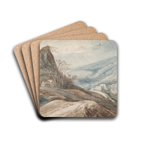 Mountainous Landscape with Village in Valley and DistantView by School of Jan Brueghel the Elder Drink Coasters - set of 4