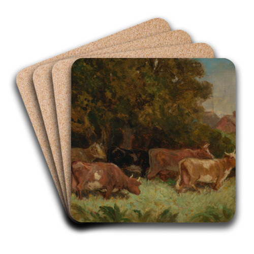 Untitled (five cows in pasture, rooftop in background) by Edward Mitchell Bannister Art Drink Coaster set