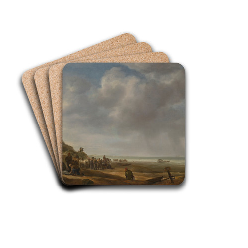 A beach scene with fishermen displaying their catch by Simon de Vlieger Drink Coasters - set of 4 A beach scene with fishermen displaying their catch by Simon de Vlieger Drink Coasters - set of 4