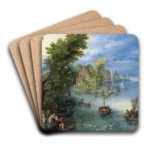 River Landscape by Jan Brueghel The Elder Art Drink Coaster set