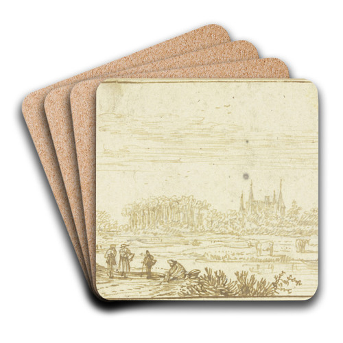 Ein Haus am linken Flussufer, davor auf dem Weg links vier Figuren, am jenseitigen Ufer ein Boot, weiter zurck ein von Bumen umgebenes Schloss by Jan van Goyen Art Drink Coaster set