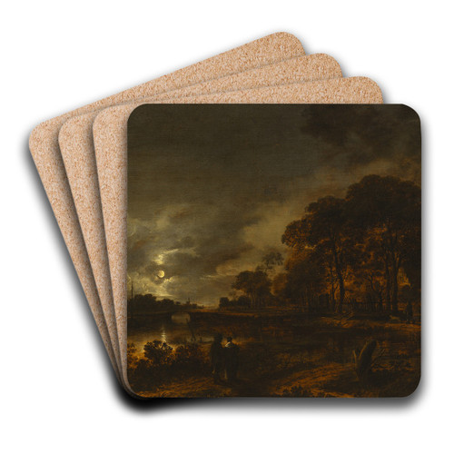 Moonlight Landscape by Aert van der Neer Art Drink Coaster set Moonlight Landscape by Aert van der Neer Art Drink Coaster set