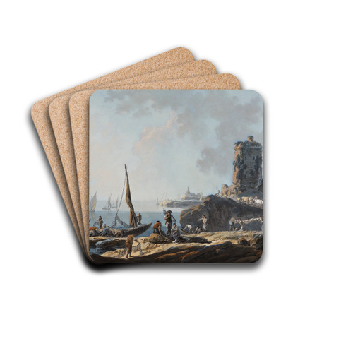 Port Scene in Calm Weather by Jean-Baptiste Pillement Drink Coasters - set of 4