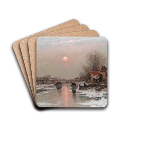 Dutch peasants on a frozen waterway at sundown by Johann Jungblut Drink Coasters - set of 4