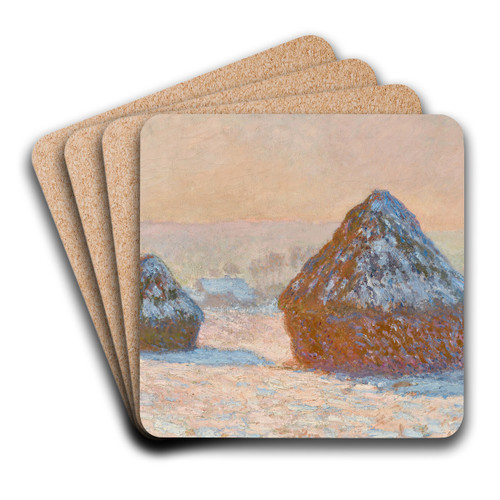 Wheatstacks, Snow Effect, Morning by Claude Monet Art Drink Coaster set