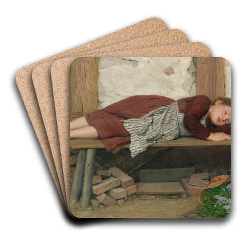 Sleeping Girl On A Wooden Bench by Albert Anker Art Drink Coaster set