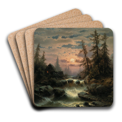 Mountain Stream In The Moonlight by Albert Rieger Art Drink Coaster set
