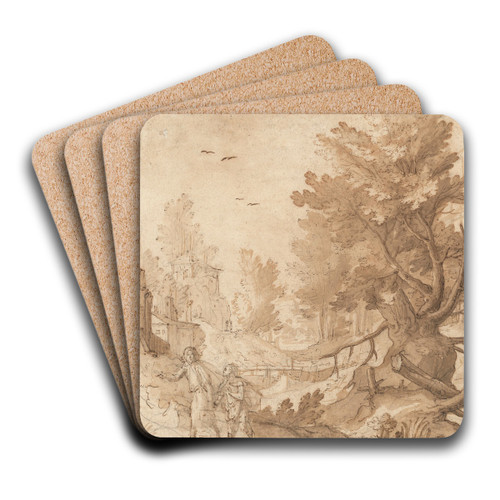 A forest landscape with buildings and Tobias and the angel by Remigio Cantagallina Art Drink Coaster set A forest landscape with buildings and Tobias and the angel by Remigio Cantagallina Art Drink Coaster set