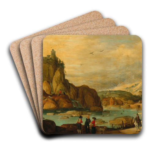 A rocky landscape with travellers on horseback near a stream by Joos de Momper Art Drink Coaster set