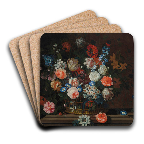 Flowers in a wicker basket on a stone ledge by Simon Hardim Art Drink Coaster set