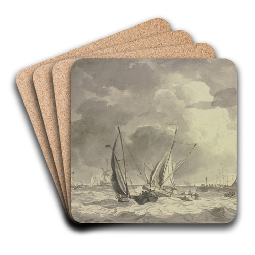 Bewegte See mit vielen Schiffen, rechts der Hafen mit einer Windmhle und einer groen Kanone by Hendrik Kobell Art Drink Coaster set Bewegte See mit vielen Schiffen, rechts der Hafen mit einer Windmhle und einer groen Kanone by Hendrik Kobell Art Drink Coaster set