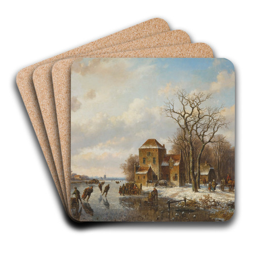 Skaters on a frozen waterway by Willem Vester Art Drink Coaster set Skaters on a frozen waterway by Willem Vester Art Drink Coaster set