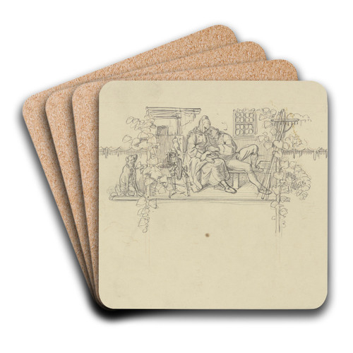 Vignette; Peasant couple by Jakob Becker Art Drink Coaster set Vignette; Peasant couple by Jakob Becker Art Drink Coaster set