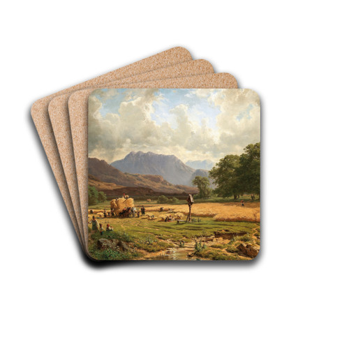 Grain Harvest in the Mountain by Adolf Heinrich Lier Drink Coasters - set of 4