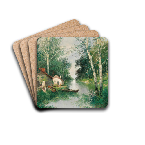 A River Landscape in Spring by Adolf Kaufmann Drink Coasters - set of 4