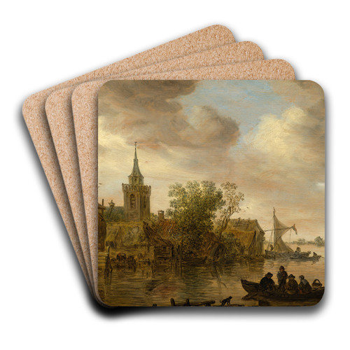 River View with Church and Farmhouse by Jan van Goyen Art Drink Coaster set