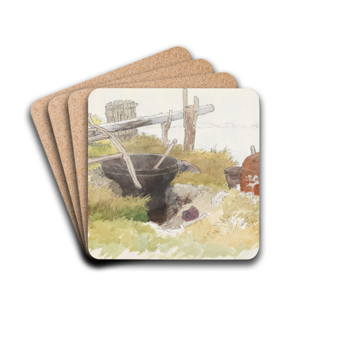 Vaskeplass ved stranden, Feste by Hans Gude Drink Coasters - set of 4