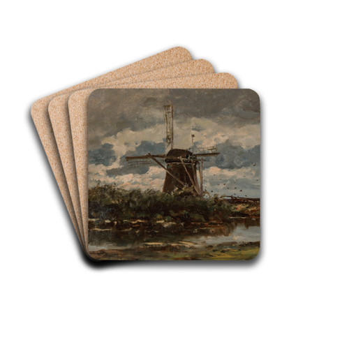Bords du Gein pres d'Abcoude; the river Gein near Abcoude by Willem Roelofs Drink Coasters - set of 4 Bords du Gein pres d'Abcoude; the river Gein near Abcoude by Willem Roelofs Drink Coasters - set of 4