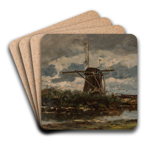 Bords du Gein pres d'Abcoude; the river Gein near Abcoude by Willem Roelofs Art Drink Coaster set Bords du Gein pres d'Abcoude; the river Gein near Abcoude by Willem Roelofs Art Drink Coaster set