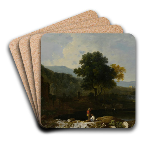 An Italian river scene, with the Temple of Clitumnus and ruins, two figures and cows by Richard Wilson Art Drink Coaster set An Italian river scene, with the Temple of Clitumnus and ruins, two figures and cows by Richard Wilson Art Drink Coaster set