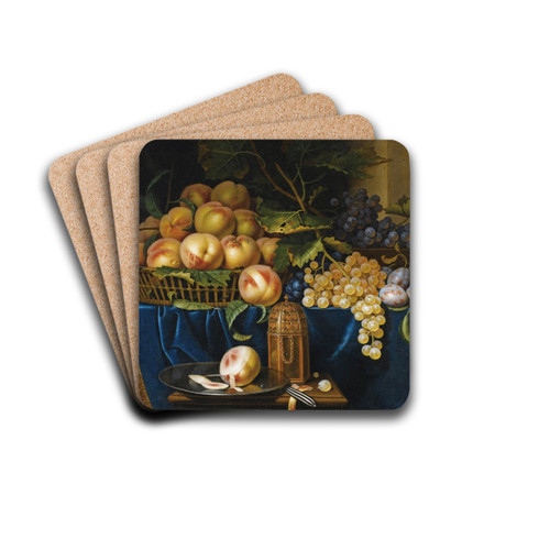 Nature morte aux pches, raisins, prunes et saupoudreuse en vermeil by Paul Ligeois Drink Coasters - set of 4