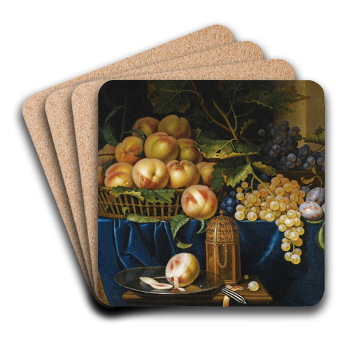 Nature morte aux pches, raisins, prunes et saupoudreuse en vermeil by Paul Ligeois Art Drink Coaster set