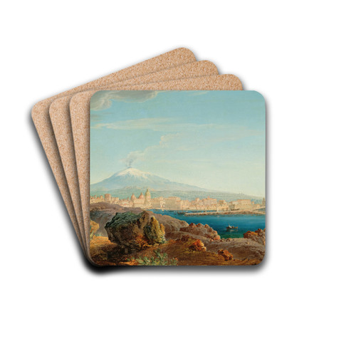 The Bay of Catania, with Mount Etna in the Background by Letterio Subba Drink Coasters - set of 4 The Bay of Catania, with Mount Etna in the Background by Letterio Subba Drink Coasters - set of 4