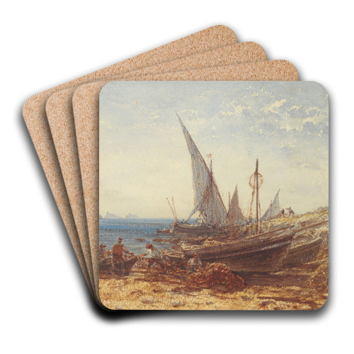 Fishermen and boats at watersedge by Flix Ziem Art Drink Coaster set