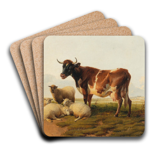 Sheep And Cows In The Meadow by Thomas Sidney Cooper Art Drink Coaster set