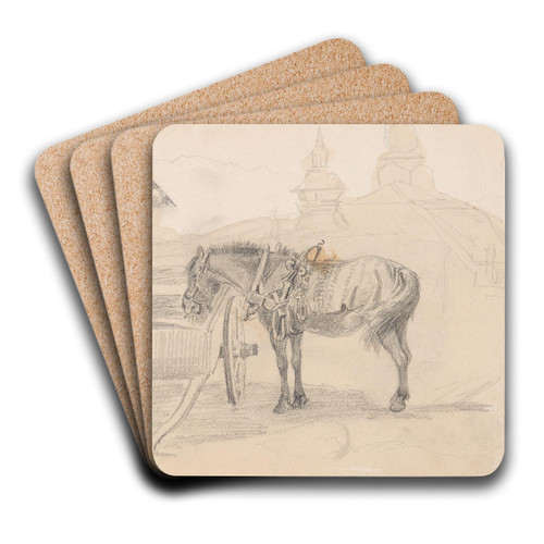Hest og kjerre ved Leksand kirke by Adolph Tidemand Art Drink Coaster set
