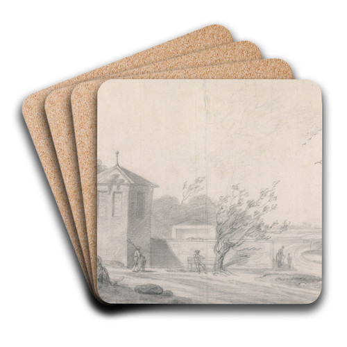 Riverside Scene with Figures, Hexagonal Building Left and Horse-Drawn Wagon Crossing Bridge at Right by Richard Wilson Art Drink Coaster set Riverside Scene with Figures, Hexagonal Building Left and Horse-Drawn Wagon Crossing Bridge at Right by Richard Wilson Art Drink Coaster set