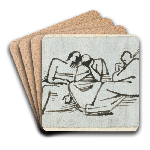 Drie zittende figuren, waarvan er n een staf vasthoudt by David Humbert de Superville Art Drink Coaster set