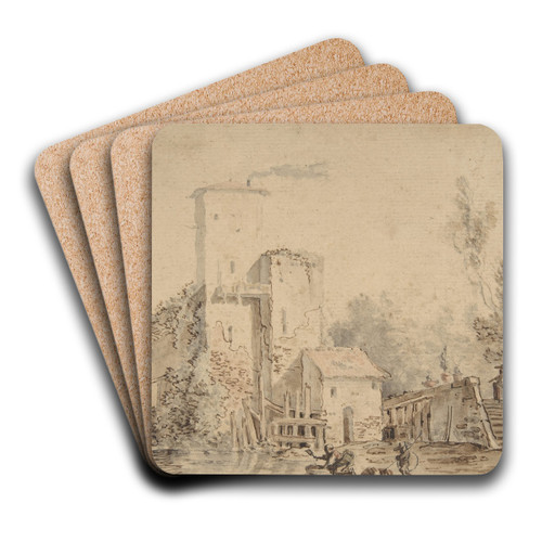 Farm House by a River with Figures by Louis Gabriel Moreau Art Drink Coaster set Farm House by a River with Figures by Louis Gabriel Moreau Art Drink Coaster set