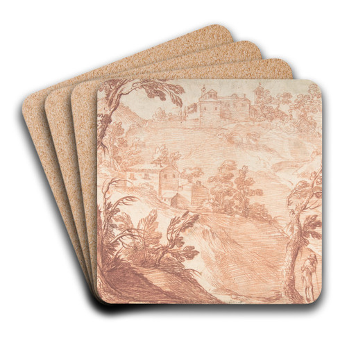 Hilly Landscape with Three Figures by Aureliano Milani Art Drink Coaster set Hilly Landscape with Three Figures by Aureliano Milani Art Drink Coaster set