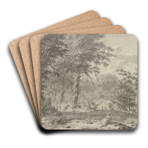 An einer Waldlichrung ein Mdchen mit einem Korb bei einem Hund sitzend by Leendert Overbeek Art Drink Coaster set