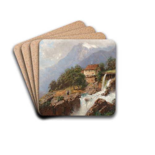 A Mill by a Mountain Stream by Robert Schultze Drink Coasters - set of 4 A Mill by a Mountain Stream by Robert Schultze Drink Coasters - set of 4
