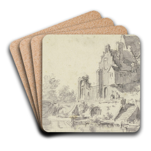 Rechts an einem Wasser alte Huser mit einer Treppe, ber das Wasser fhren zwei steinerne Brcken by Jan van Goyen Art Drink Coaster set